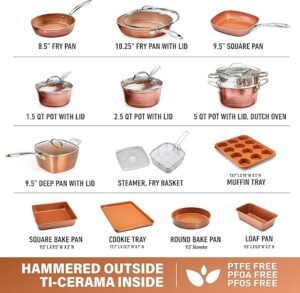 Gotham Steel Coleção Hammered Copper – Conjunto de panelas e frigideiras premium de 20 peças de cerâmica antiaderente - Imagem 2