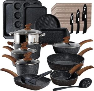 Conjunto de panelas e assadeiras de indução de cozinha com 30 peças de panelas e frigideiras antiaderentes de granito preto